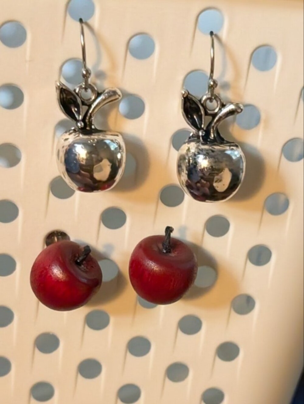 Wooden Apple Earrings Silver Apple Dangling Earrings Fruit Earrings